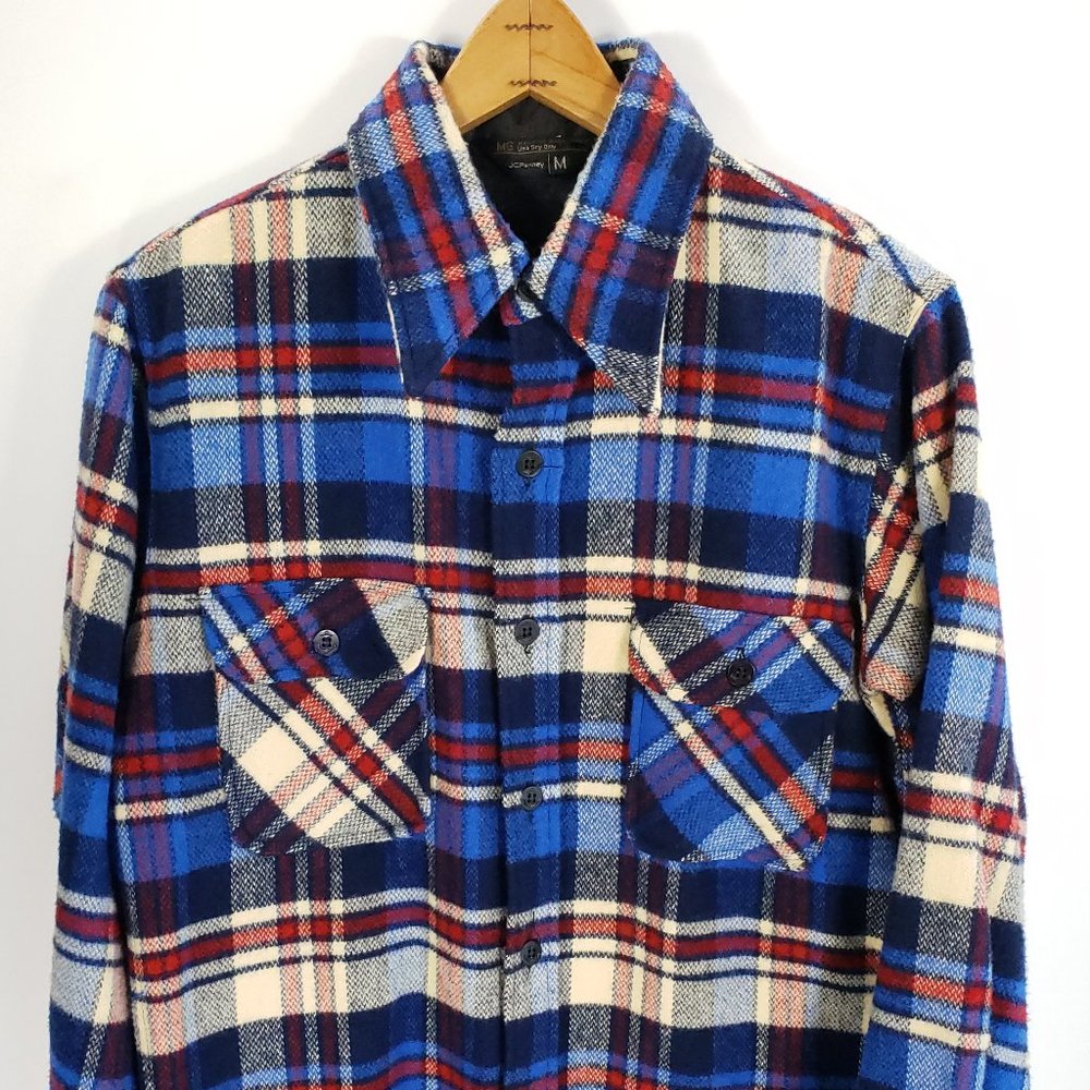Vtg JCPenney Flannel Shirt Jacket Men's Med Blue Red Plaid Button Front Grunge